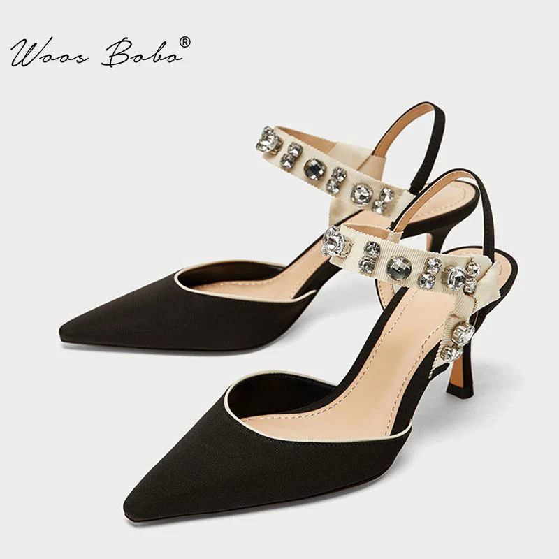 

Summer Pointed toe high heels sandals women Crystal decoration slingbacks strap pumps 2019 Fashion Sexy kitten heel women shoes