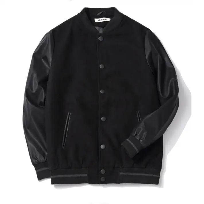 Стеганая университетская куртка для мужчин с кожаными рукавами, шерстяная бейсбольная куртка черного цвета