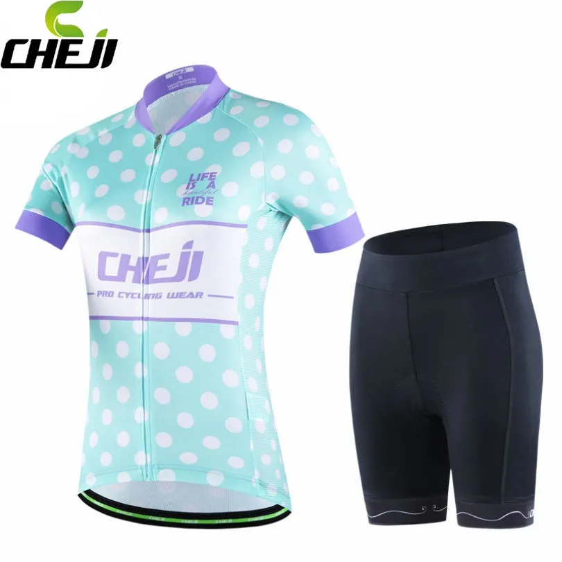 CHEJI Pro Team Ropa Ciclismo Cycling Jersey Top Girls Blue Dot Short Sleeve Bicycle Shorts Set