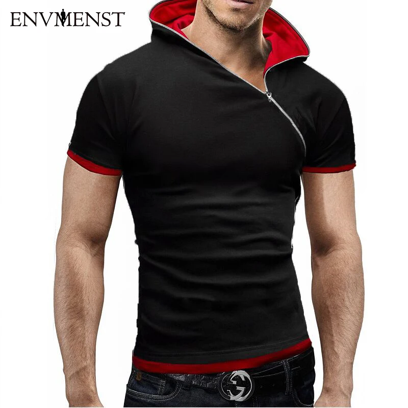 2016 Newest Fashion Style Men S Short Sleeve Hooded Sport Sweatshirt Oblique Zipper Hoodies For Men