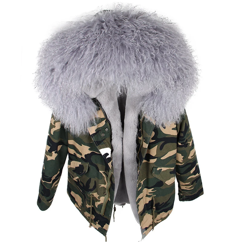 Зимняя женская куртка, парка, пальто из натурального меха, парки из натурального меха монгольской овцы, Толстая теплая Роскошная съемная верхняя одежда, уличная одежда - Цвет: camo grey