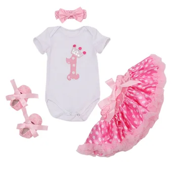 

4PCs per Set Newborn Baby Girls 1st Birthday Dress Polka Dots Skirts Headband Retro Rose Flower Shoes for 0-24Months