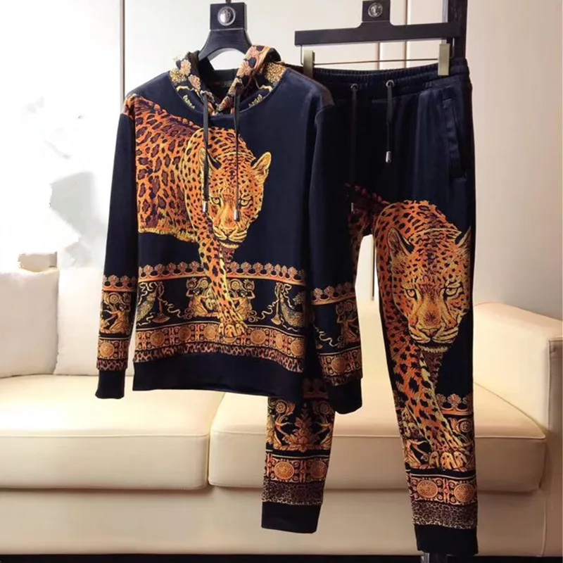 

Suit Set Hoodies+Pant leopard tiger crown royal print harajuku retro vintage sweatshirts hoodies men designer brand clothing