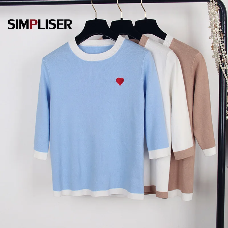2019 Summer Women Knitted Tees Ice Silk Knitting Shirts O-neck Short Sleeve Tops Heart Embroidered Sweaters Female Pullovers | Женская