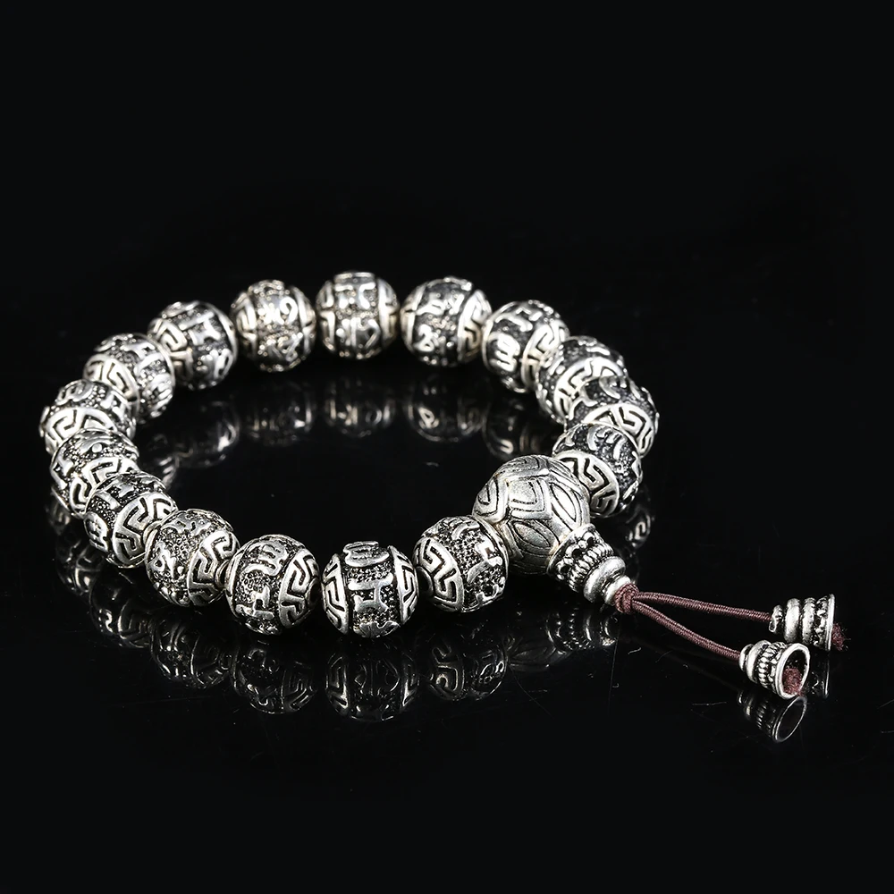 Vintage Tibetan Buddhism Brass Silver Plated Charm Rope Bracelet For