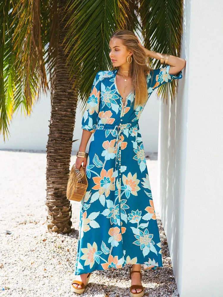 

Bohemian Flower Maxi Dress Summer 2019 Casual Women Beach Dress Boho Women Long Maxi Floral Dresses V Neck Blue 0073
