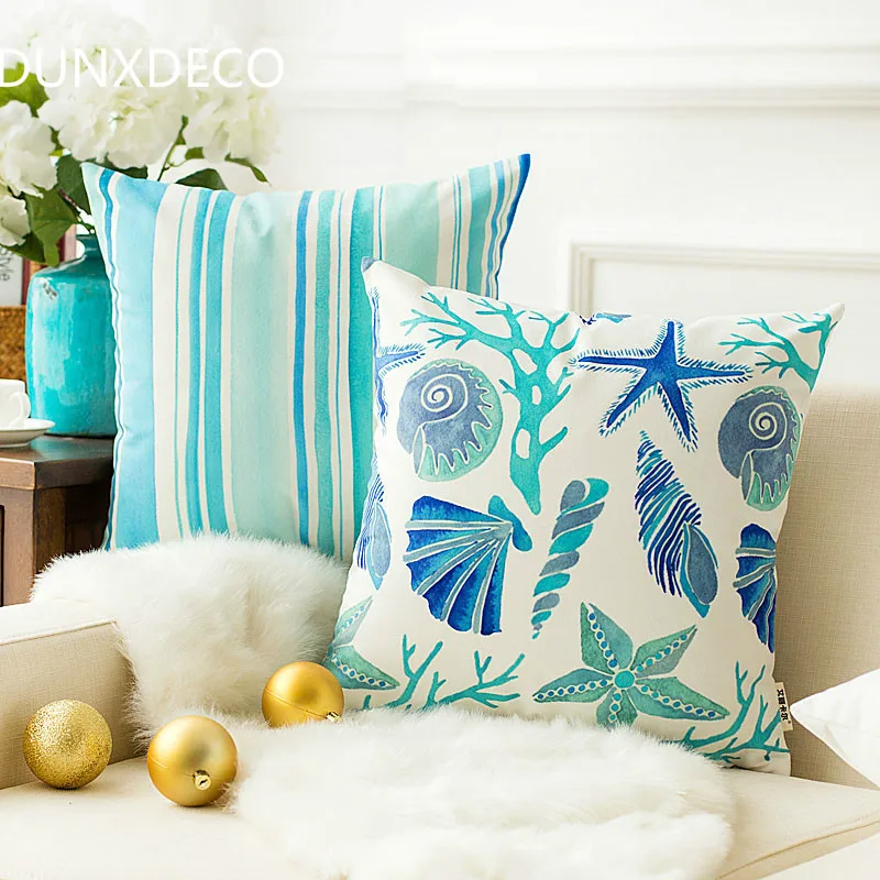 

DUNXDECO Cushion Cover Decorative Pillow Case Mediterranean Sea Fresh Blue Water colours Painting Soft Brush Housse de coussin