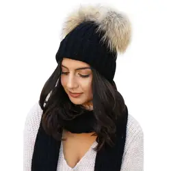 Модные зимние теплые Коренастый вязать шапочки Hat Для женщин двойной меховым помпоном вязаная шапочка с помпоном из искусственного меха
