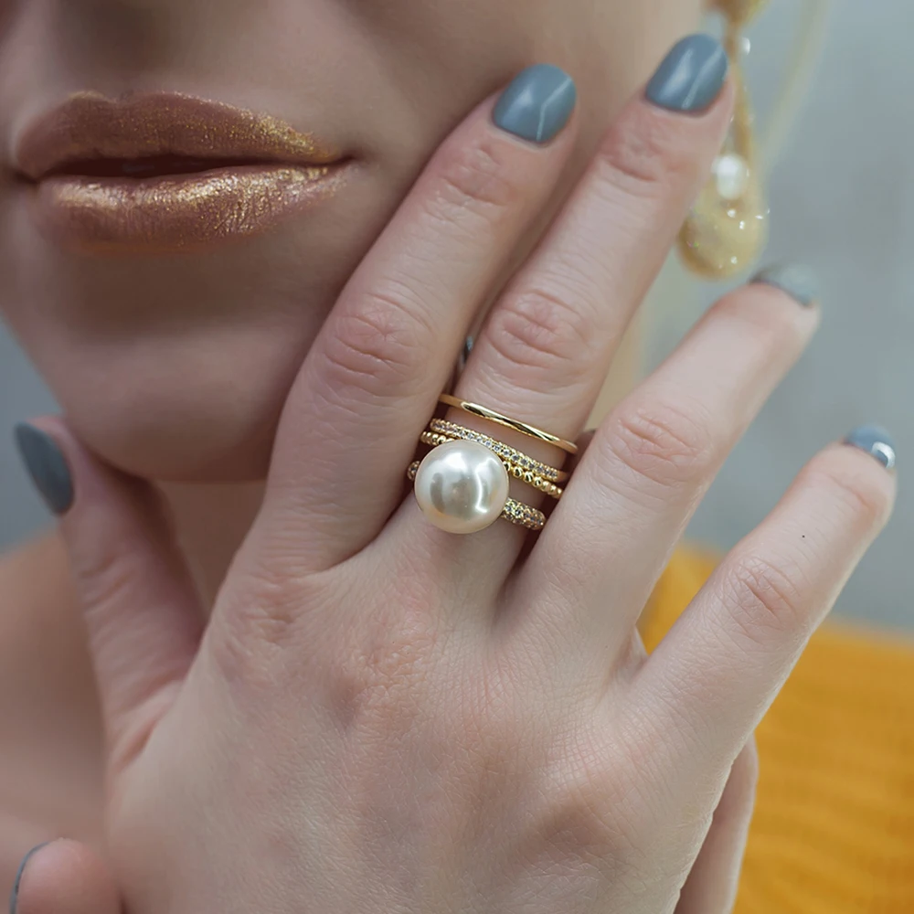 

New Gold-color ring with big Pearl Trendy cheap jewellery wholesale lots dropshipping anel aneis fashion jewelry copper rings