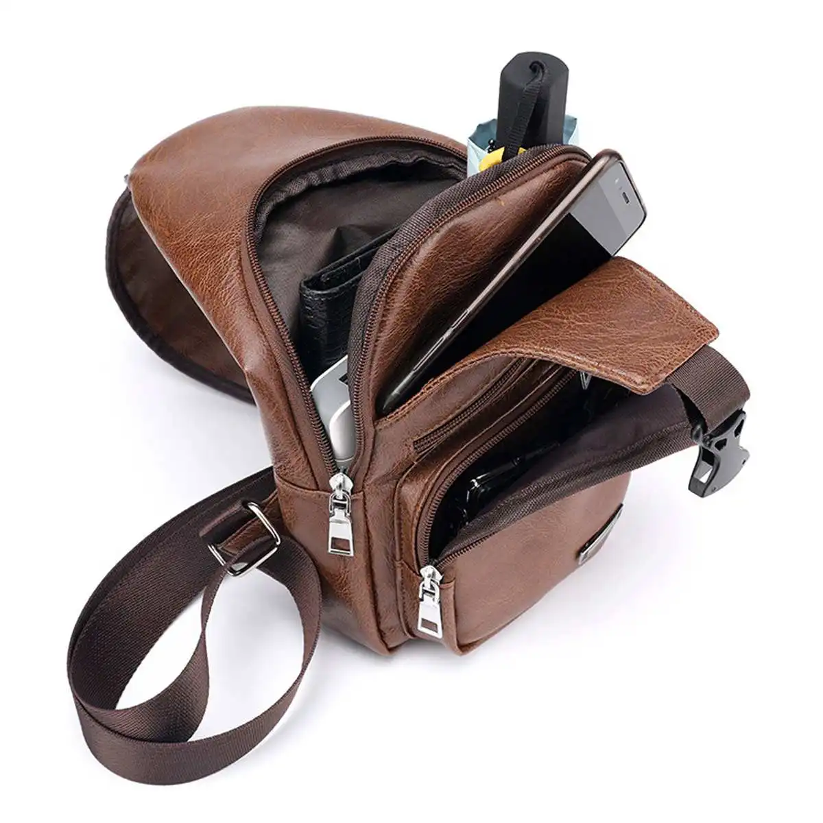  New Men's Chest Bag USB Charging Crossbody Bags PU Leather Shoulder Bag Diagonal Package Back Pack  - 33041395489