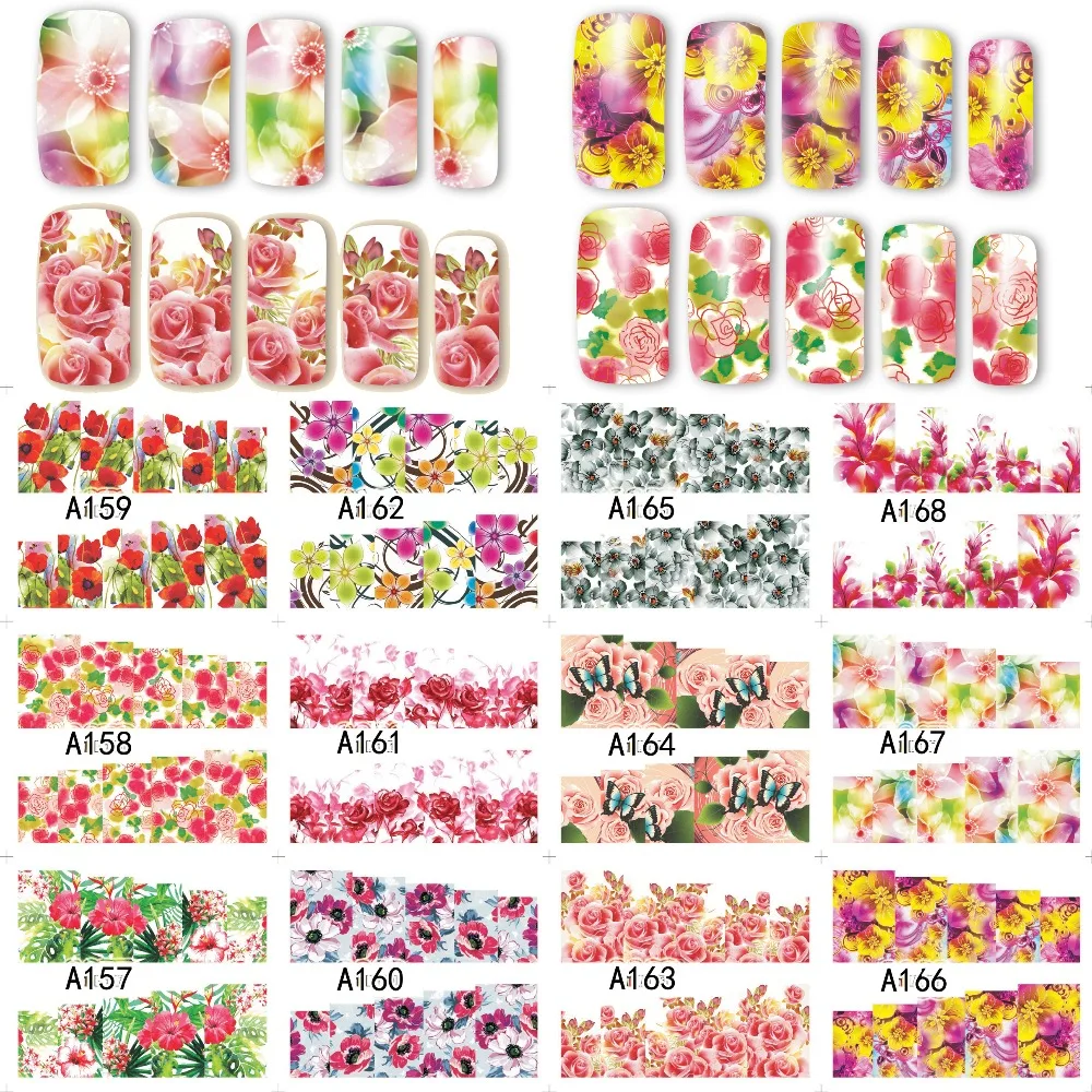 

12 Sheets Nail Art Water Transfer Sticker Full Cover Flower Rose Painting Decals Stickers Wrap Tips Decoration A157-168