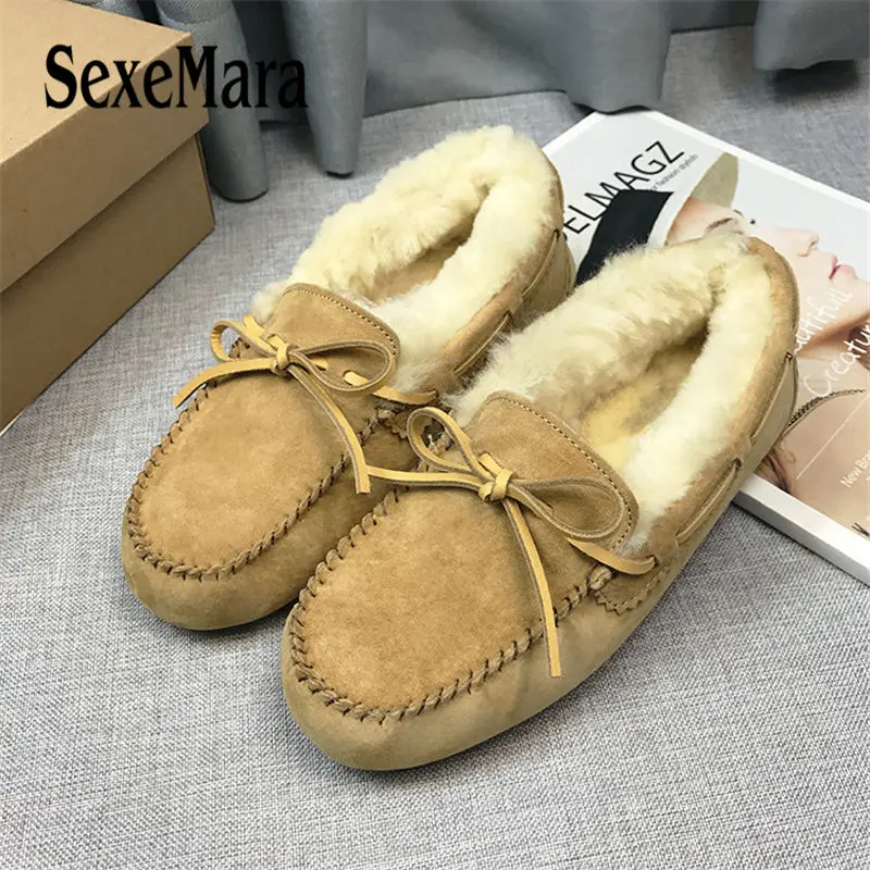 

SexeMara Women Flats Shoes Winter Luxury Fur Genuine Leather Shoes For Woman Casual Sheepskin Loafers Shoes
