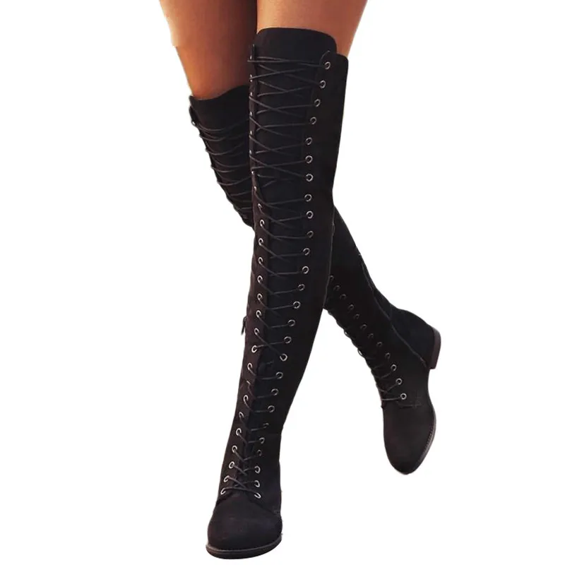 

Sexy Lace Up Over Knee Boots Women rome style Boots Women Flats Shoes Woman suede long Boots Botas Winter Thigh High Boots 35-43