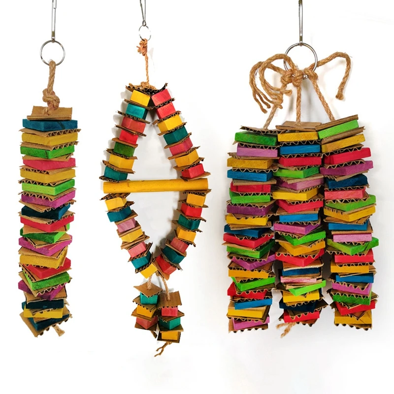 

Bird Parrot Toy Natural Wooden Colorful Square Cardboard Building Blocks Chewing Bite Hanging Cage Swing Climb Chew Toys