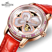 SOLLEN Female Notes Rose Gold Automatic Self-Wind Mechanical Watches Women Genuine Leather Strap Skeleton Watch Fashion Ladies