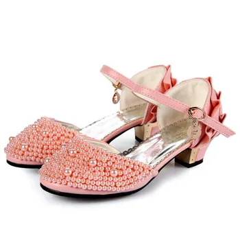 

New Girls Fashion Performance Leather Shoes Children Princess Pearl High-heeled Pink White Kids Dance Shoes 02A
