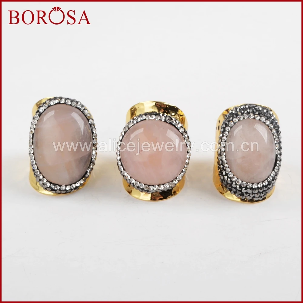 

BOROSA Size 7 Druzy Quartz Gold Band Ring Crystal Rhinestone Pave Pink Quartz Stone Cuff Ring Drusy Jewelry Party Ring JAB678