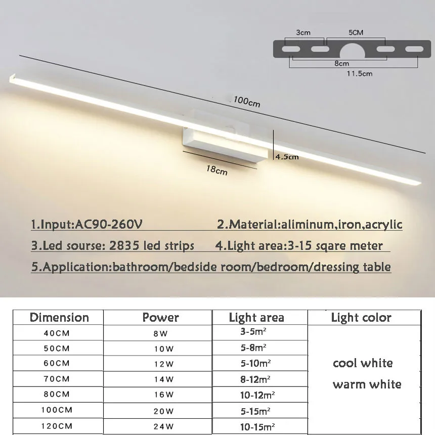 40 см 50 см 60 см 70 см 80 см 100 см 120 см современный светодиодный зеркало, настенный светильник AC90-260V косметический акриловые настенный светильник Ванная комната освещения
