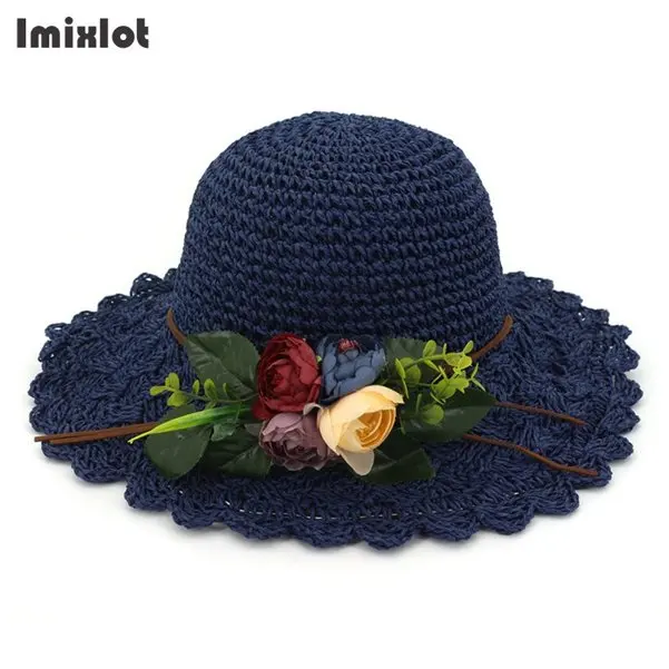 Navy Blue Летняя женская соломенная шляпа с большими широкими полями, Цветочная пляжная шляпа, солнцезащитный козырек, складной солнцезащитный головной платок, Панама, шляпа, соломенная шляпа с вышитыми буквами Feminino - Цвет: Navy Blue