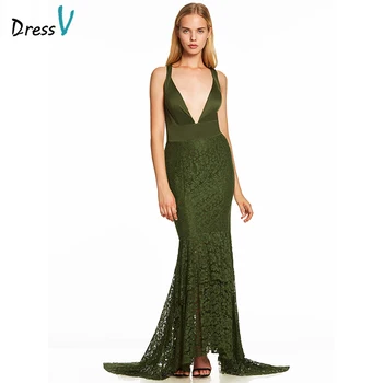

Dressv dark green trumpet long evening dress cheap v neck sleeveless mermaid wedding party formal dress lace evening dresses