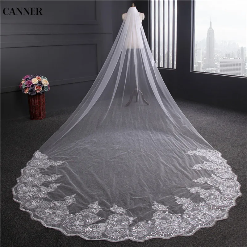 Canner Luxury 4 Meters Full Edge With Lace Bling Sequins Long Wedding Veil With Comb White Lvory Bridal Veils