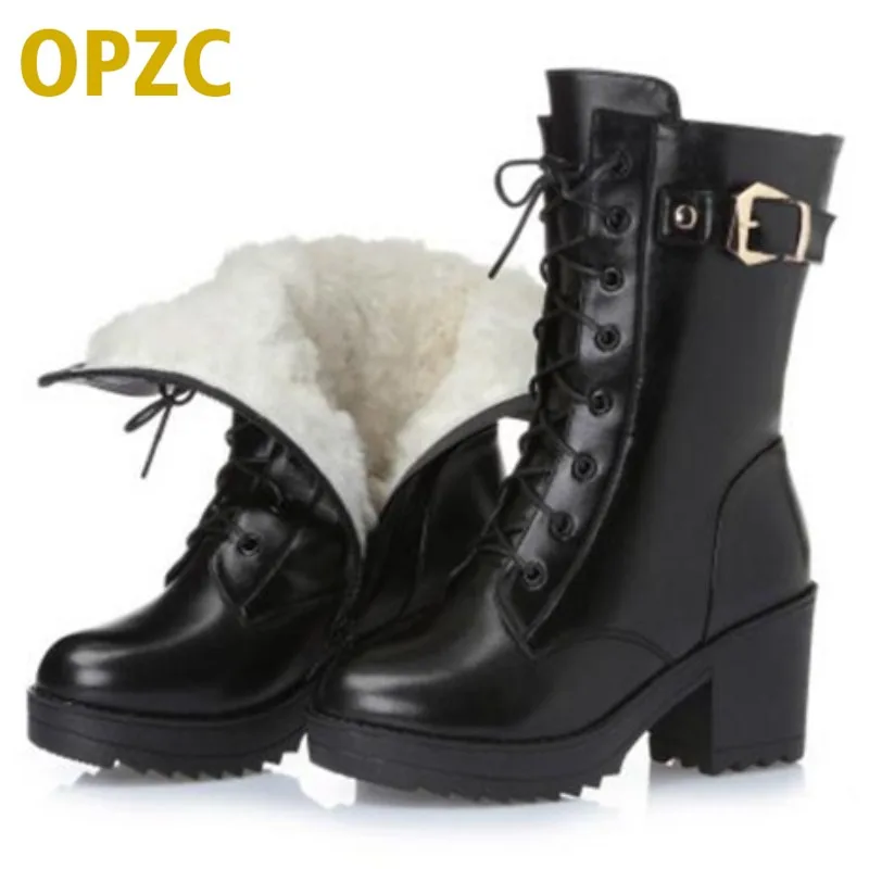 2018 High-heeled genuine leather women winter boots thick wool warm women Martin boots Self-luminous night female snow boots Women's Shoes
