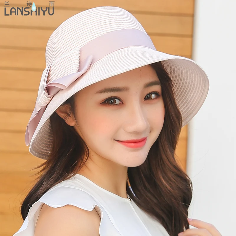 Lanshiyu 2018 Summer New Women's Sun Hat Black Bowknot Ribbon Flanging