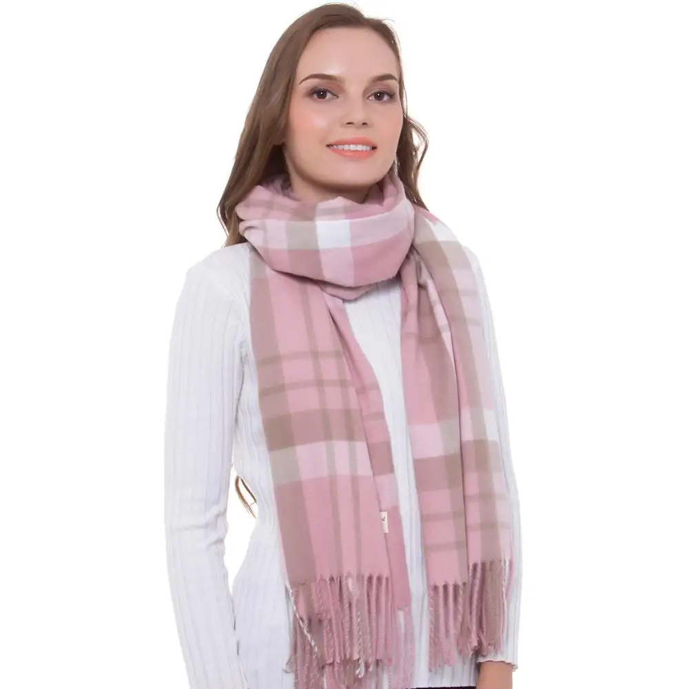 Кашемировый шарф Зимний женский стильный шаль клетчатый осенний шарф пашмины тонкий матовый длинный большой толстый шотландский хиджаб с бахромой розовый