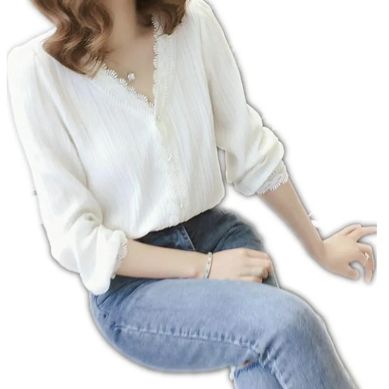 

Korean Style Women Lace Blouses 2019 New Sweet Spring Autumn Women Short Shirts V-Neck Blouse Mujer Long Sleeve Slim Tops Q1194