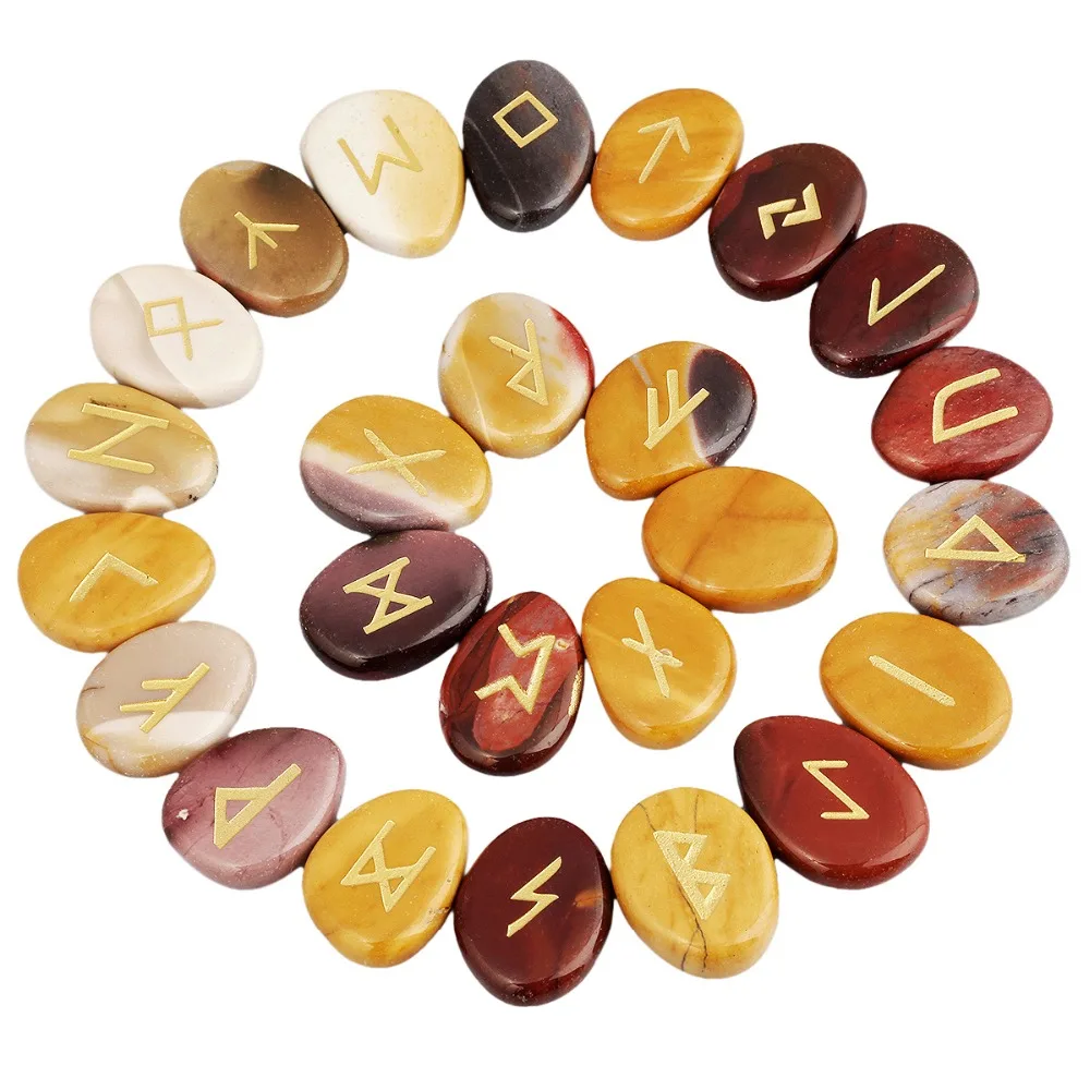 

TUMBEELLUWA 1Lot (25Pc) Mookaite Engraved Rune Stones Set Healing Reiki Crystal Tumbled Stones