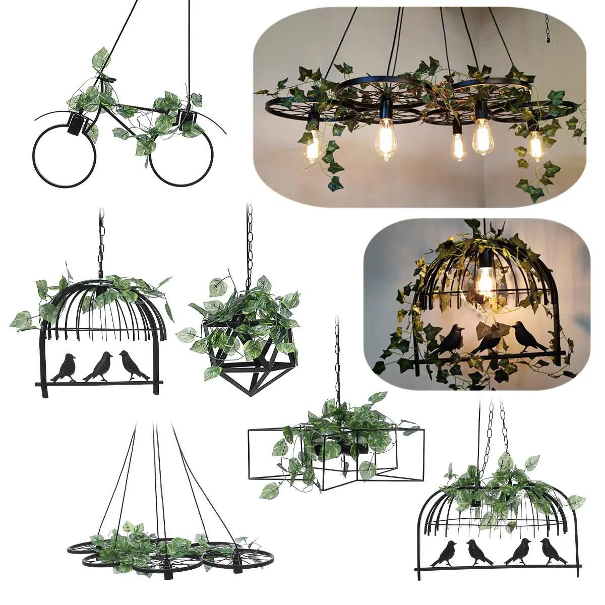 

Vintage Loft Industrial Pendant Lights Iron Modern Restaurant Bar Industrial Coffee Shop Pendant Lamps With Artificial Ivy Leave