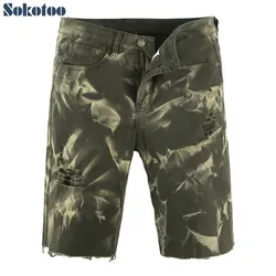 Sokotoo Для мужчин колено длина тонкий прямой Шорты Повседневное эластичного денима отверстия рваные джинсы Военный Зеленый бриджи