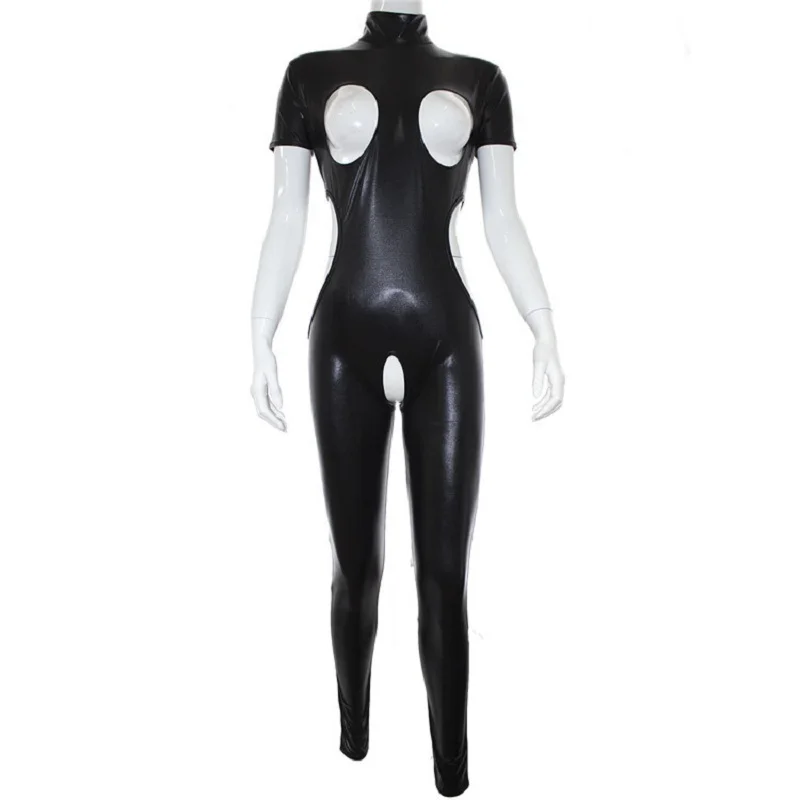 

Women Wetlook Leather Cupless Crotchless Jumpsuit Catsuit Open Breast Crotch Short Sleeve Bodysuit Sexy Mistress Fetish Costume