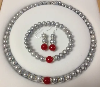 

Hot 2014 new fashion style 8-8.5mm Gray Akoya Cultured Pearl/Red chalcedony Bracelet Necklace Earrings Set BV125