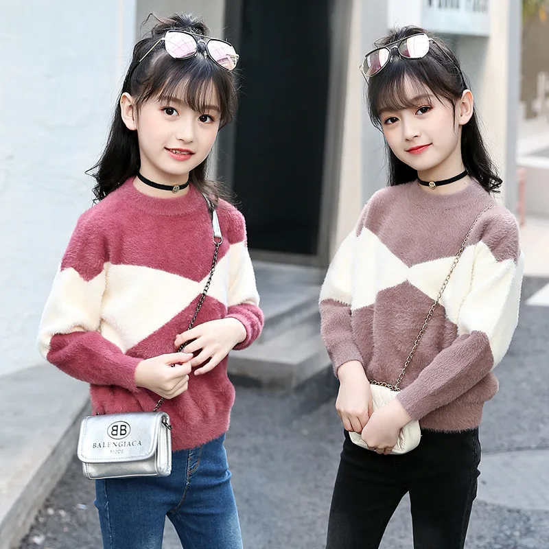 Teen Girl Sweater New Fashion Knit Thick O-neck Coat Contrasting Color Pullover Sweaters Cotton Knitwear Clothes 6 8 10 13Y