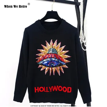 

When We Retro Women New Vintage 3D UFO Sequins Warm Sweaters Long Sleeve O Neck Pullovers Winter Autumn Knitted Tops Blouse YC29