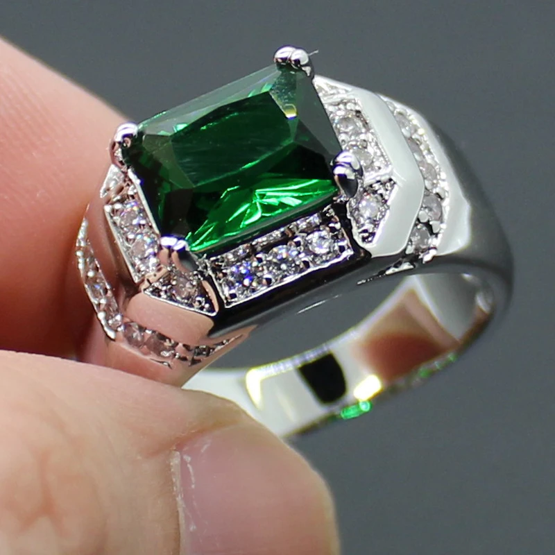 MMDGEM Men Women Silver Oblong Birthstones 5A Green Stone Zirconia with