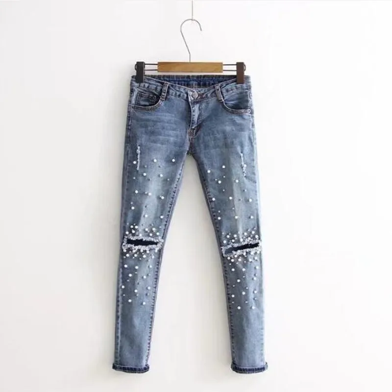 WZYCHDS Women Fashion Destroyed Ripped Blue Jeans pearled Slim Denim Pants Boyfriend 2018 New Woman Trousers |