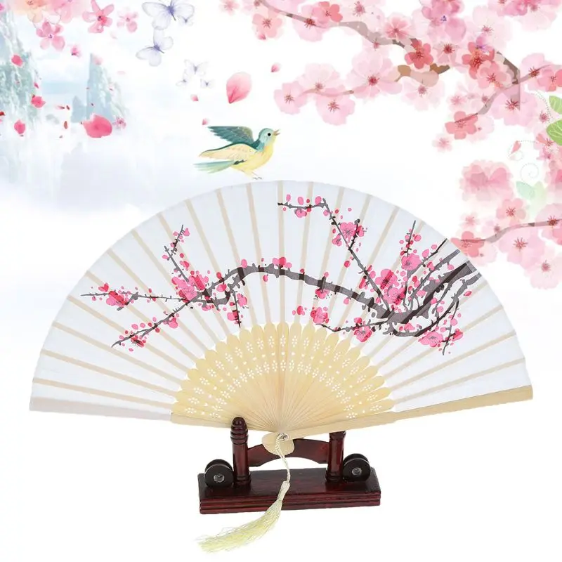 Летний винтажный китайский складывающийся веер, японский цветок сливы, кисточка, шелк, бамбук, ручной вентилятор, Свадебная вечеринка, танцевальный декор, подарок
