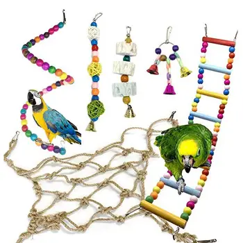

6Pcs Bird Parrot Toy Colorful Ball Bell Spiral Beads Rope Net Ladder Cage Swing New