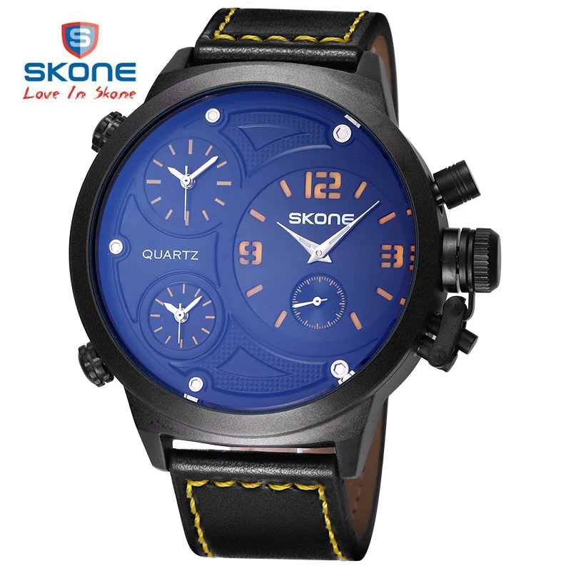 

SKONE 2017 Men Big Round Face 3 Time Zone Analog Quartz PU Leather Watches Men Fashion Casual Sports Army Military Wrist Watch