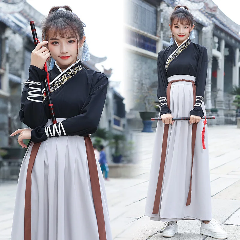 Мужские черные топы Hanfu серые юбки китайские танцевальные костюмы традиционная старинная Китайская одежда Восточный халат сценический наряд DN2568