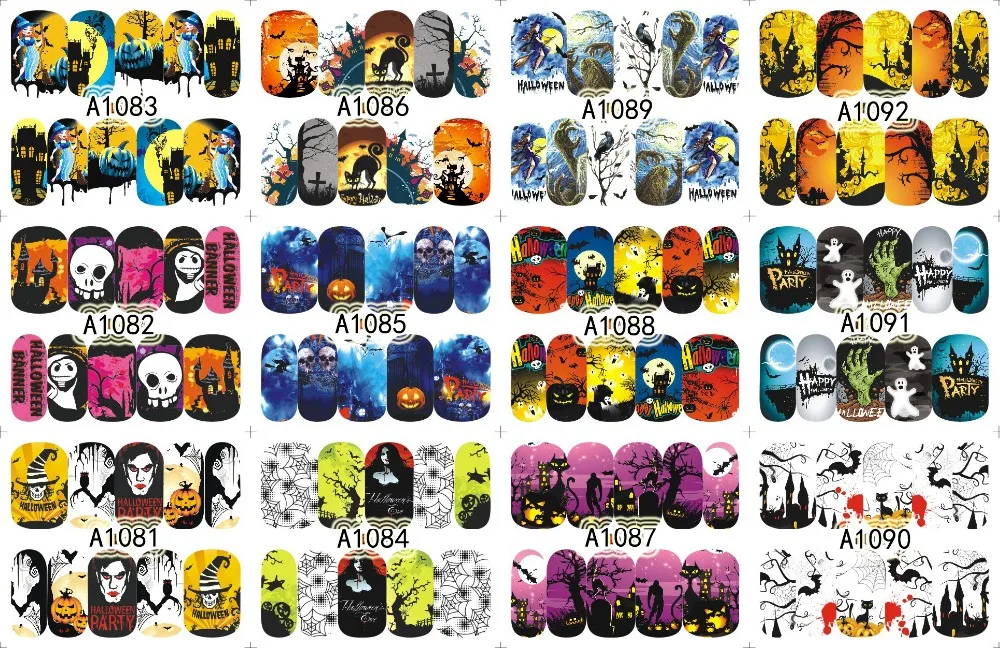 

12 PACK/ LOT WATER DECAL NAIL ART NAIL STICKER SLIDER TATTOO FULL COVER HALLOWEEN WITCH BLACK CAT GHOST A1081-1092