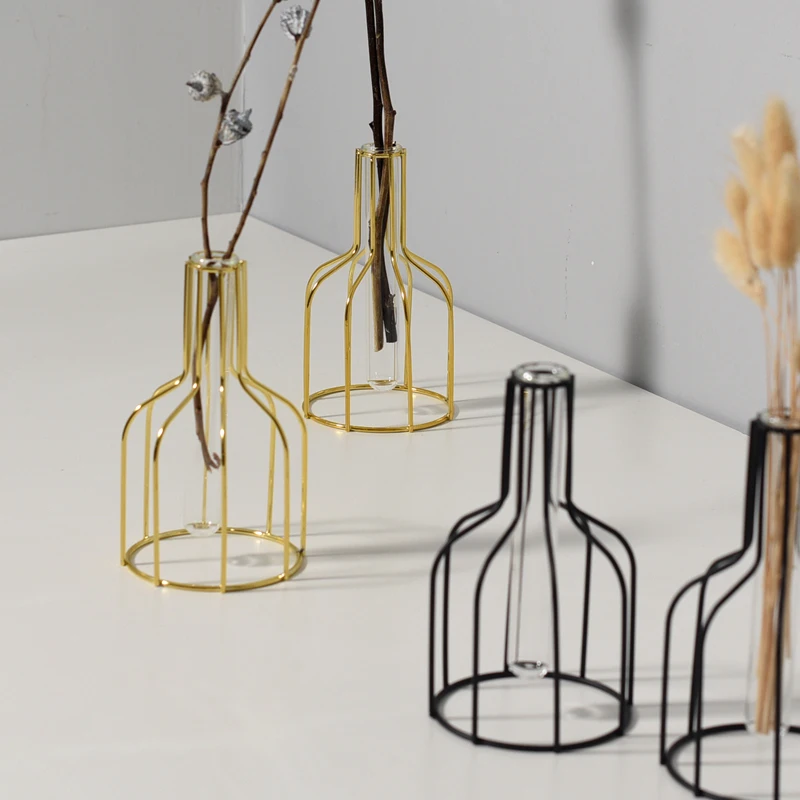 

Nordic Golden Wrought Iron Glass Test Tube Vase Plant Dry Vase Living Room Table Decoration Accessories