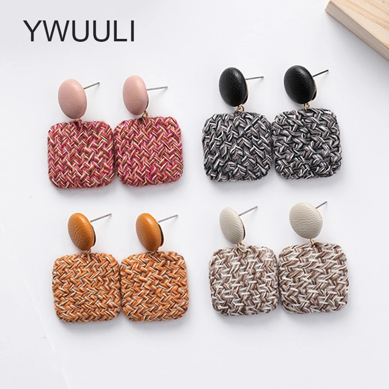 

YWUULI Creative Cotton Linen Cloth Leather Button Earrings for Women Korean Geometric Square Dangle Pendientes Jewelry MJ253