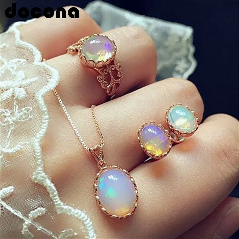 

docona Colorful Rhinestone Necklace Earring Ring for Women Girl Gold Color Stone Geometric Jewelry Set 6517
