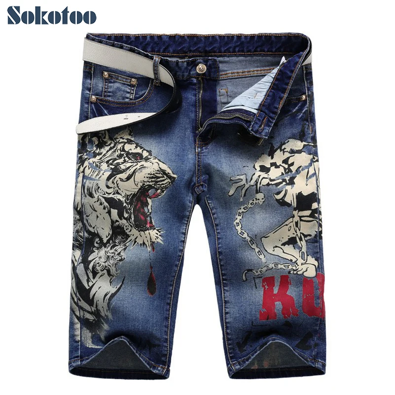 Denim Shorts Jeans Capri Stretch Male Knee-Length Straight Mens Fashion Girl And Tiger