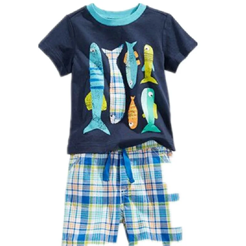 Sea Animal Boy T-Shirt Pant Suits Summer Children 2-Piece Clothes Set Beach Sailor Anchor Kids Outfit Sport Suit 100% Cotton Top