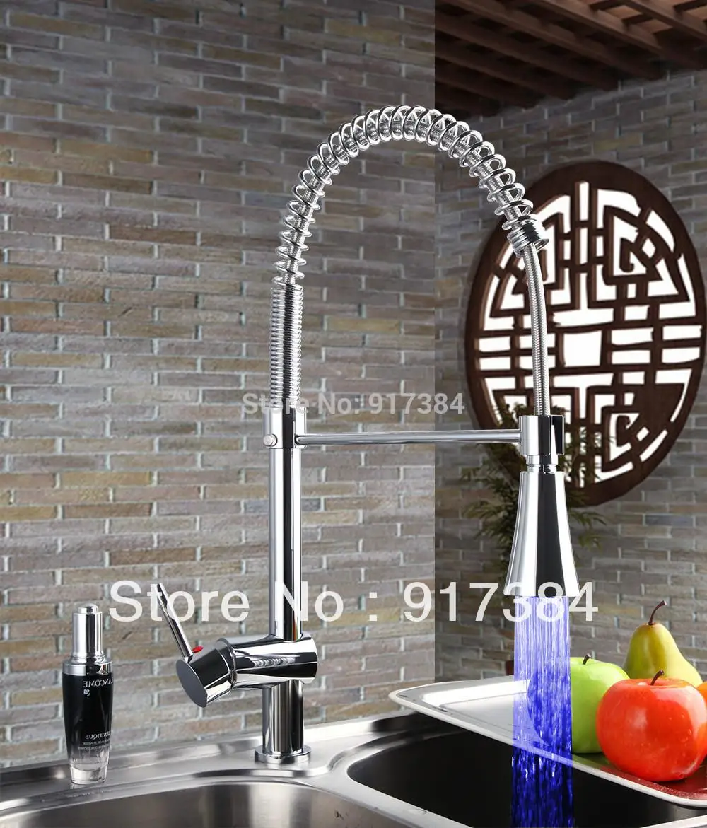 LED Colour Light Modern Pull Out Chrome Kitchen Basin Sink Mixer Taps Swivel 360 Spout Faucet CM-8084