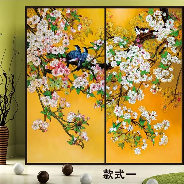 Индивидуальный размер, китайский стиль, цветок, птицы, узор, оконная пленка, витражная, клейкая пленка, без клея, дверная наклейка для шкафа 40x60 см - Цвет: A